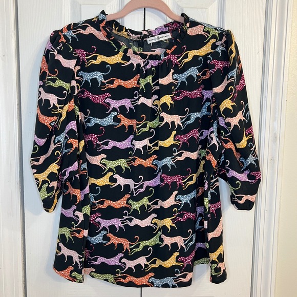 Michelle McDowell Blouse Animal Print Puff Sleeve Ruffle Neck Top L Artsy - Picture 1 of 12